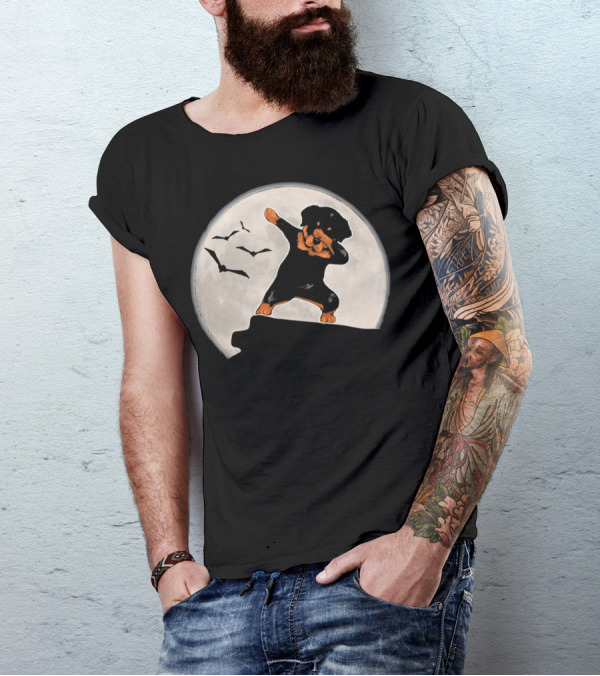 Funny Rottweiler Dabbing Dog Halloween Costume With Moon And Bats T-Shirt