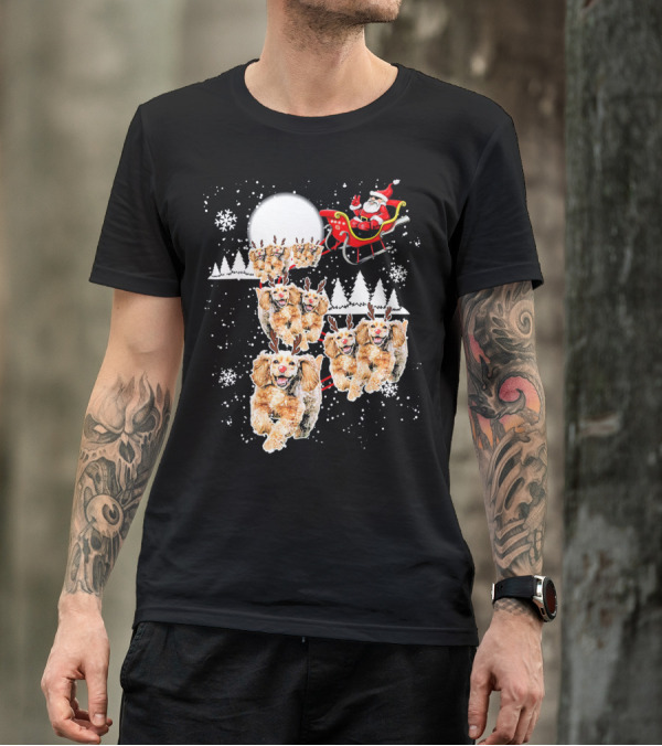 Santa Cocker Spaniel Reindeer Moon Sled Snowflakes T-Shirt