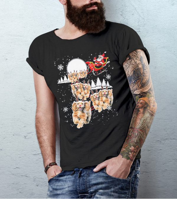 Santa Cocker Spaniel Reindeer Moon Sled Snowflakes T-Shirt