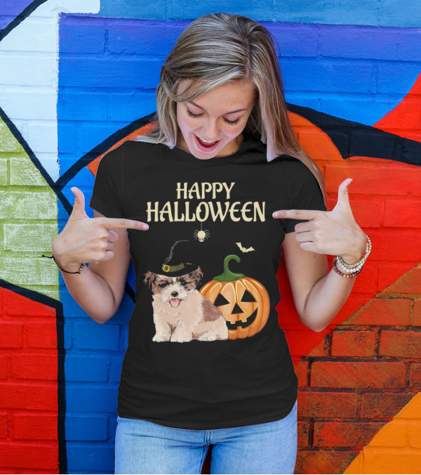 Happy Halloween Shih Tzu With Pumpkin And Witch Hat T-Shirt