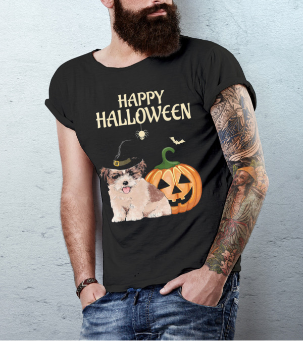 Happy Halloween Shih Tzu With Pumpkin And Witch Hat T-Shirt