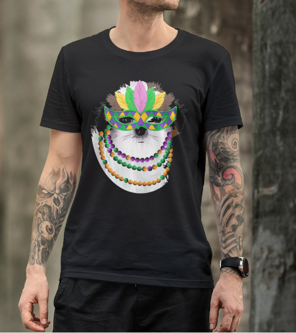Funny Shih Tzu Mardi Gras Beads Necklace Mask With Colorful Feathered Mask T-Shirt