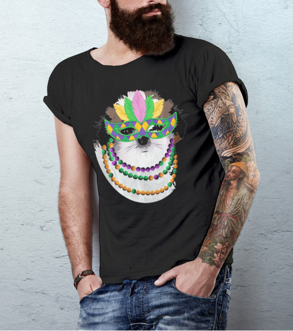 Funny Shih Tzu Mardi Gras Beads Necklace Mask With Colorful Feathered Mask T-Shirt