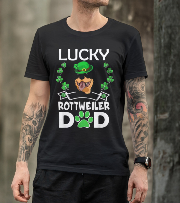 Lucky Rottweiler Dad St Patricks Day Shamrocks And Green Hat T-Shirt