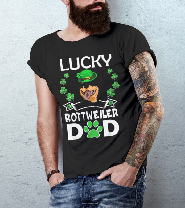Lucky Rottweiler Dad St Patricks Day Shamrocks And Green Hat T-Shirt