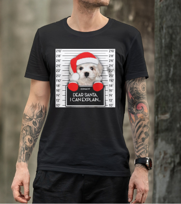 Maltese Dog Santa Hat Funny Xmas Mugshot Dear Santa I Can Explain T-Shirt