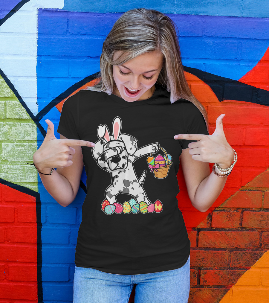 Great Dane Dabbing Easter Bunny With Egg Basket And Colorful Hunting Eggs T-Shirt