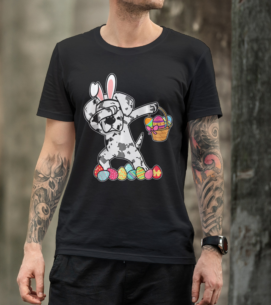 Great Dane Dabbing Easter Bunny With Egg Basket And Colorful Hunting Eggs T-Shirt