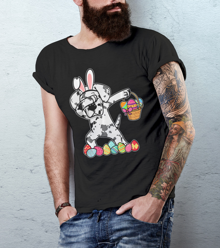 Great Dane Dabbing Easter Bunny With Egg Basket And Colorful Hunting Eggs T-Shirt