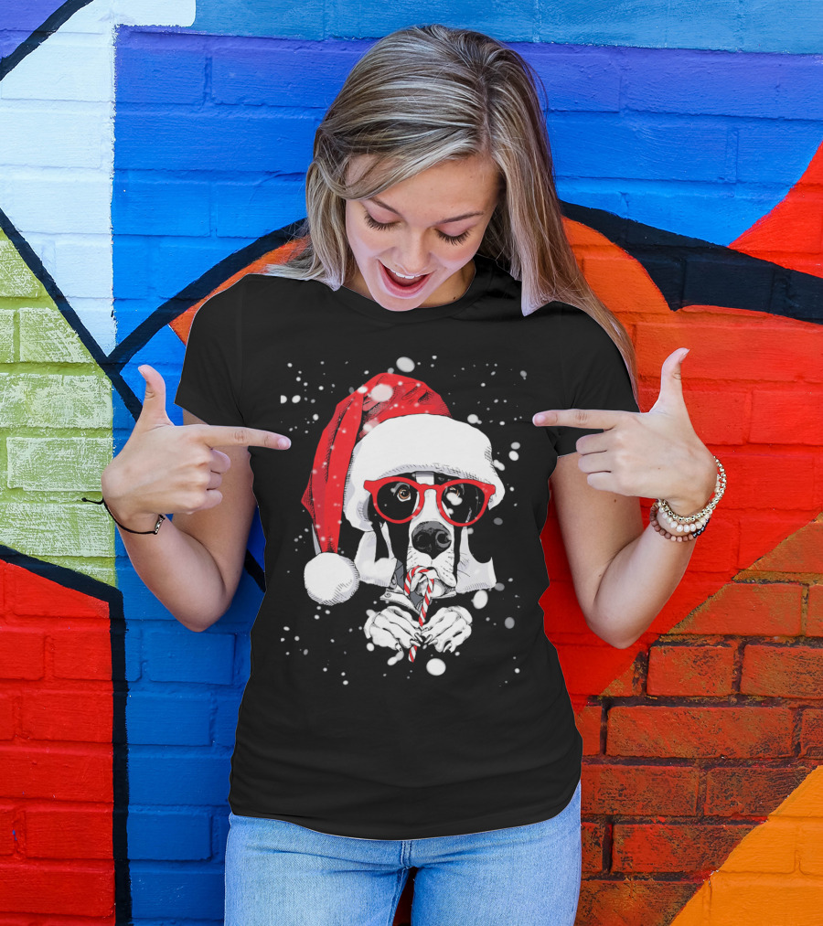 Great Dane Licking Candy Cane With Santa Xmas Hat And Red Glasses Snowflakes T-Shirt