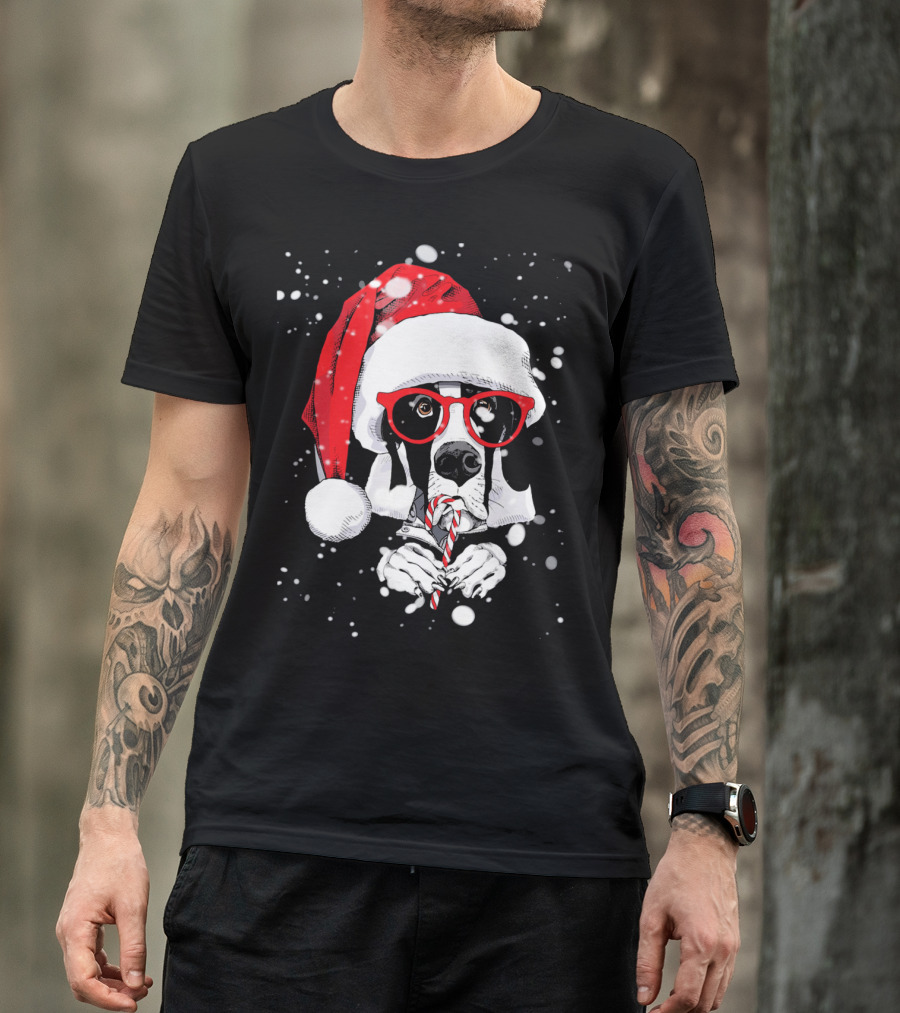 Great Dane Licking Candy Cane With Santa Xmas Hat And Red Glasses Snowflakes T-Shirt
