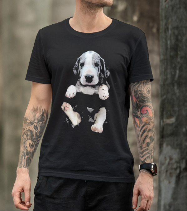 Great Dane Puppy Peeking Out Of Pocket T-Shirt