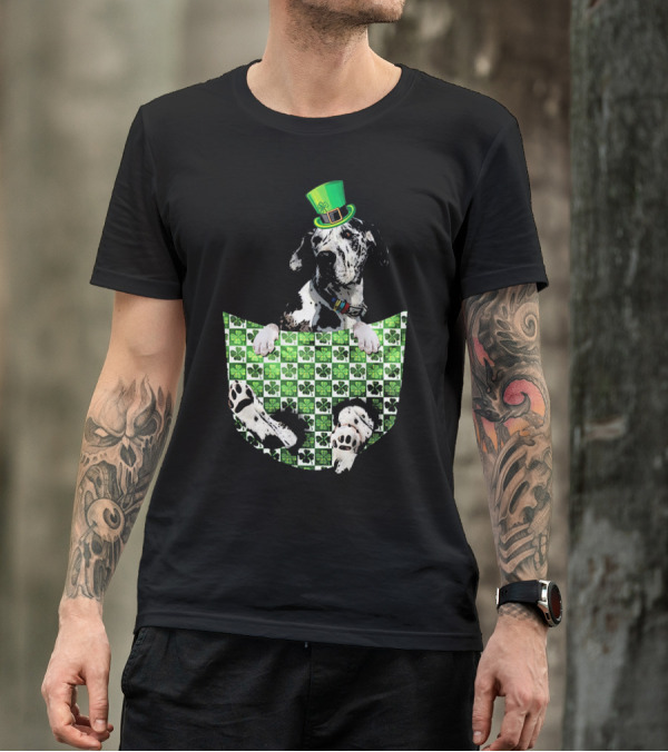 Great Dane In Pocket With Green Shamrock Patrick Hat T-Shirt