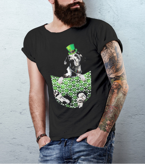 Great Dane In Pocket With Green Shamrock Patrick Hat T-Shirt