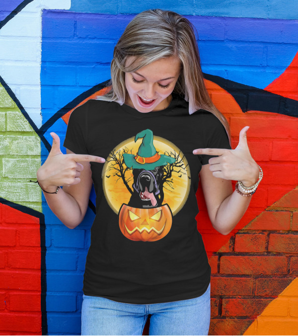Great Dane Halloween Pumpkin Witch Hat Spooky Scene T-Shirt