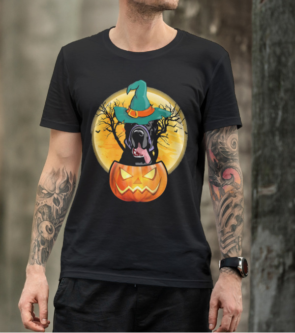 Great Dane Halloween Pumpkin Witch Hat Spooky Scene T-Shirt