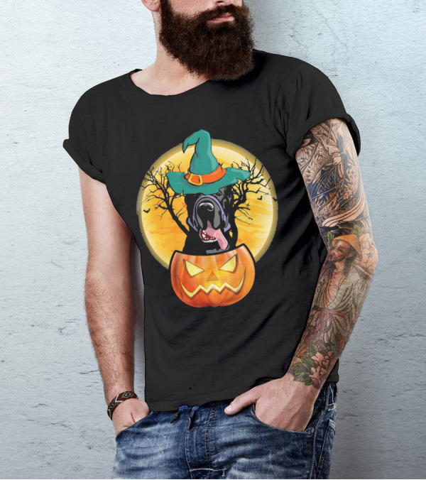 Great Dane Halloween Pumpkin Witch Hat Spooky Scene T-Shirt