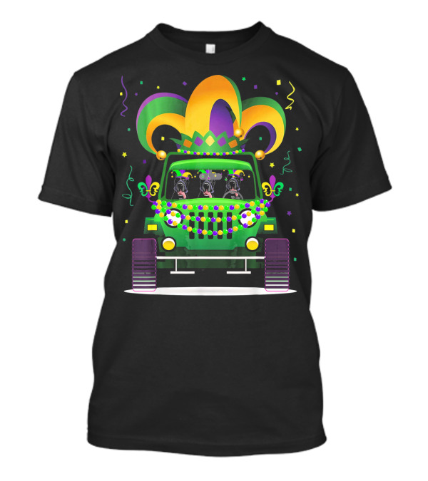 Great Dane Trio In Jeep With Mardi Gras Beads And Hat T-Shirt