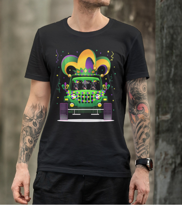 Great Dane Trio In Jeep With Mardi Gras Beads And Hat T-Shirt