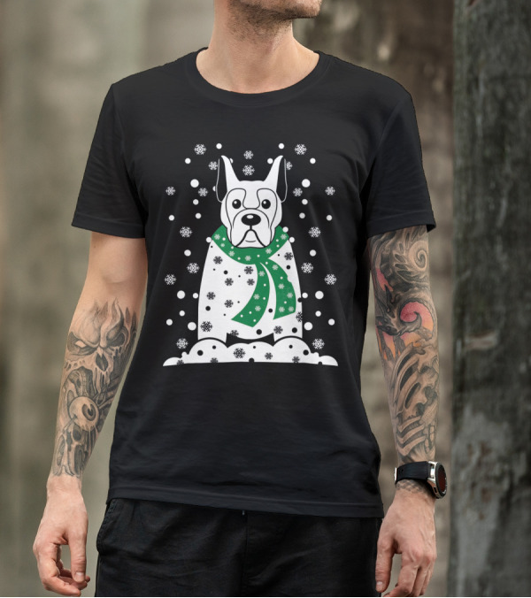 Great Dane Snowman With Green Scarf And Falling Snowflakes T-Shirt