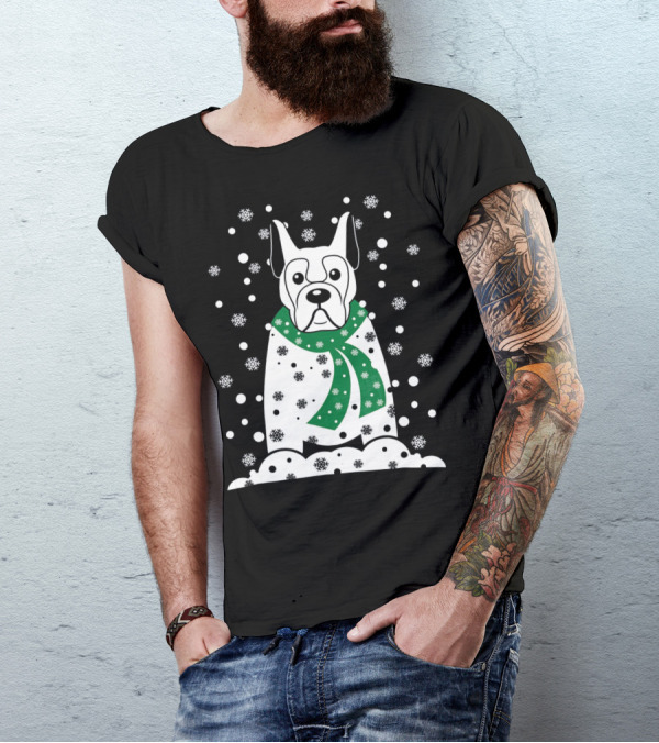 Great Dane Snowman With Green Scarf And Falling Snowflakes T-Shirt