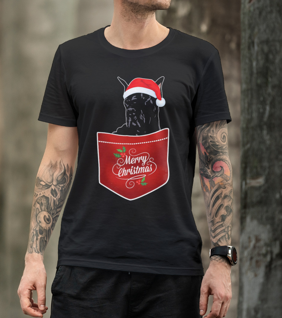 Great Dane In Santa Hat With Merry Christmas Pocket T-Shirt