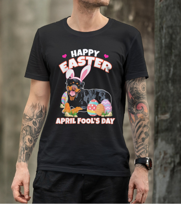 Happy Easter April Fool's Day Funny Rottweiler With Bunny Ears And Colorful Eggs T-Shirt
