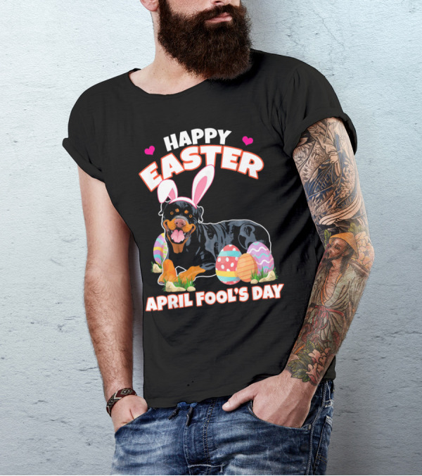 Happy Easter April Fool's Day Funny Rottweiler With Bunny Ears And Colorful Eggs T-Shirt