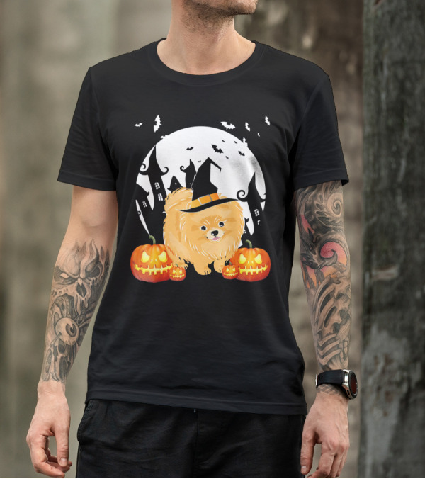 Happy Halloween Little Witch Pomeranian Dog With Pumpkins And Haunted House T-Shirt