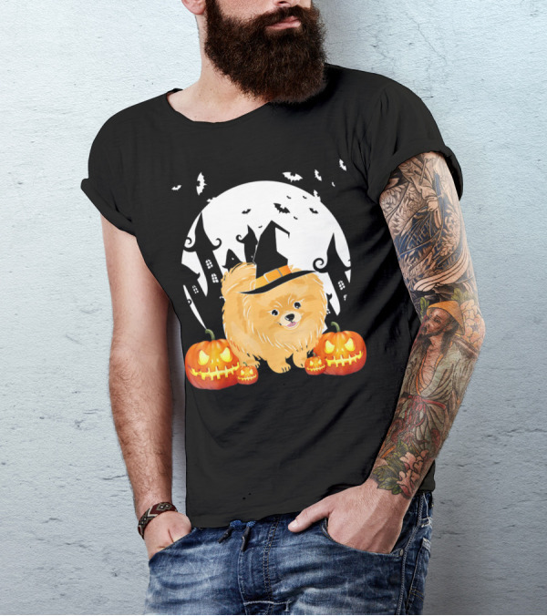 Happy Halloween Little Witch Pomeranian Dog With Pumpkins And Haunted House T-Shirt