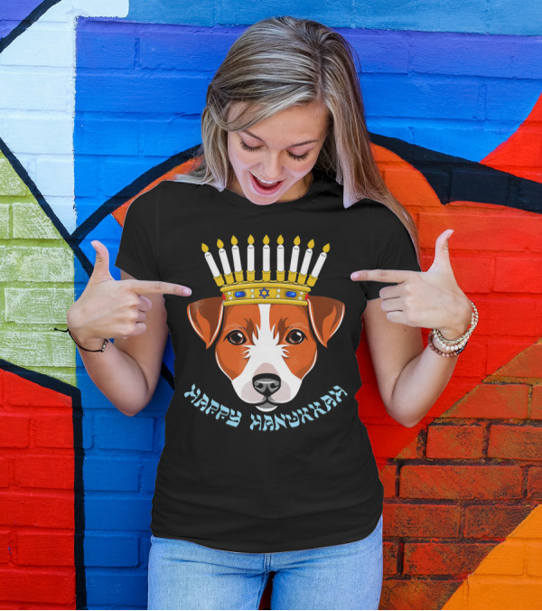 Happy Hanukkah Jack Russell Menorah Hat Candle T-Shirt