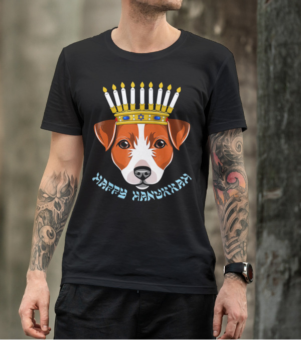 Happy Hanukkah Jack Russell Menorah Hat Candle T-Shirt