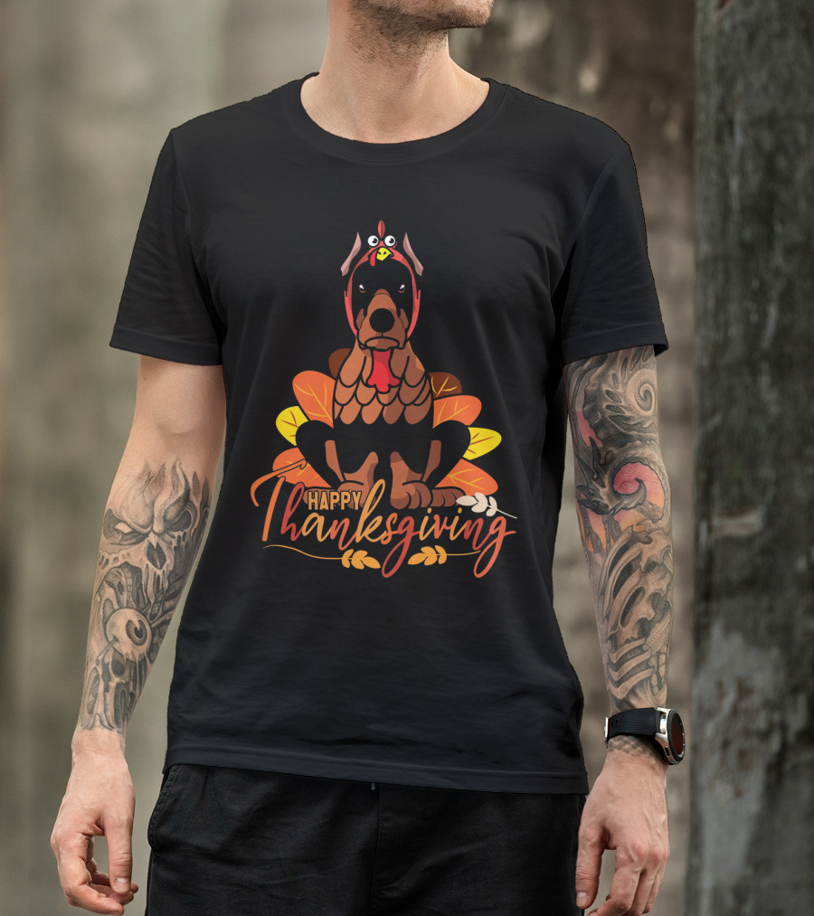 Happy Thanksgiving Doberman Pinscher Turkey Autumn Leaves T-Shirt