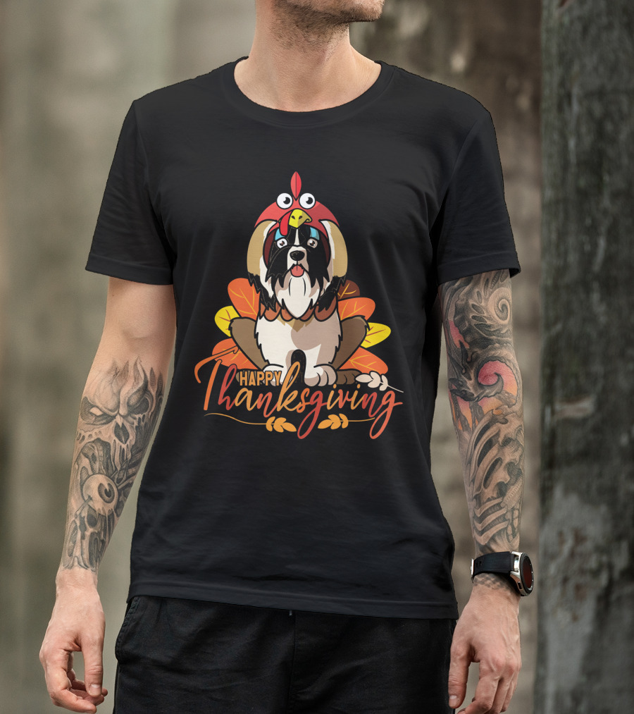 Happy Thanksgiving Shih Tzu In Turkey Costume With Leaves T-Shirt