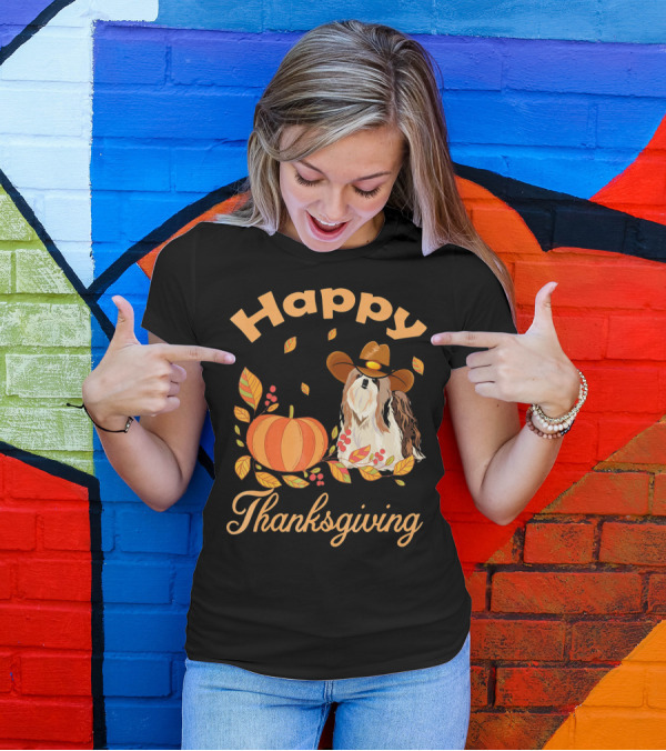 Happy Thanksgiving Shih Tzu Cowboy Pumpkin Leaves T-Shirt