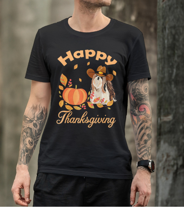 Happy Thanksgiving Shih Tzu Cowboy Pumpkin Leaves T-Shirt
