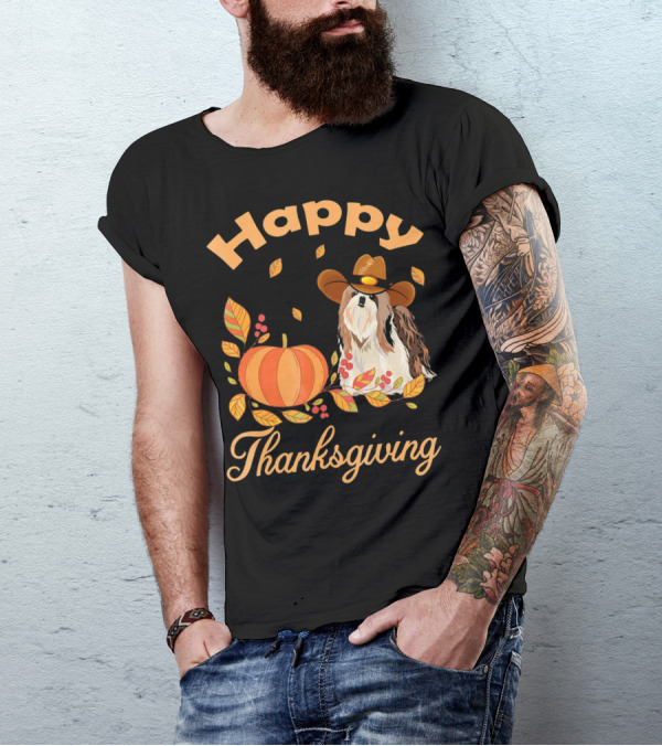 Happy Thanksgiving Shih Tzu Cowboy Pumpkin Leaves T-Shirt