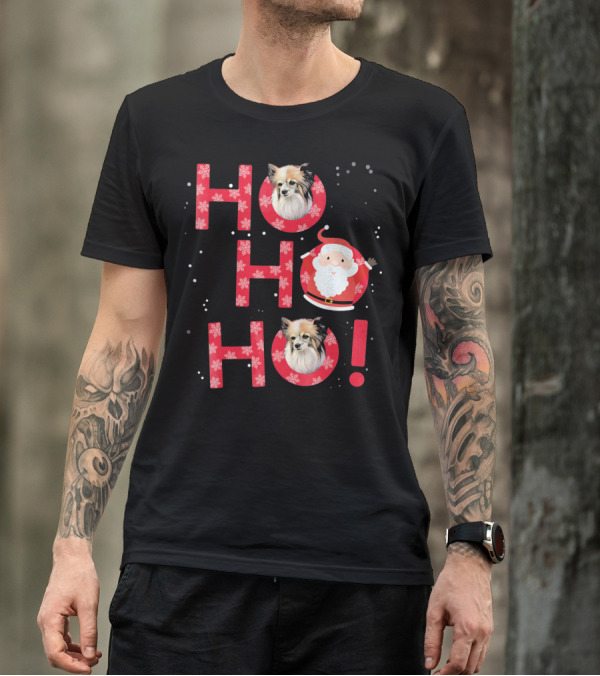Ho Ho Ho Papillon Dog Santa's Laugh With Snowflakes T-Shirt