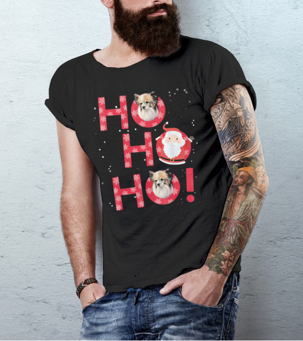 Ho Ho Ho Papillon Dog Santa's Laugh With Snowflakes T-Shirt