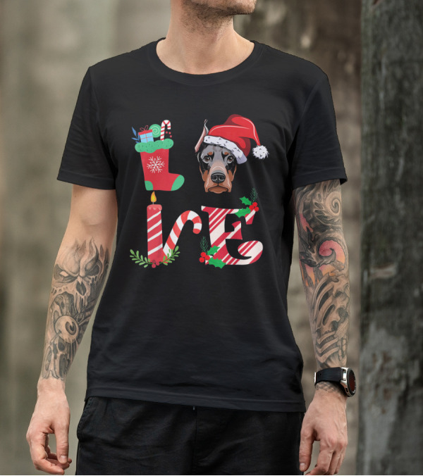 I Love My Doberman Lovers Owners Christmas Santa Hat Stocking Candle T-Shirt