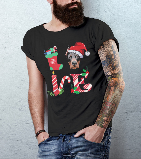 I Love My Doberman Lovers Owners Christmas Santa Hat Stocking Candle T-Shirt