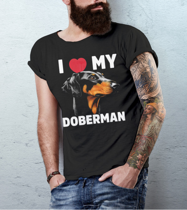 I Love My Doberman Heart Black Background Realistic T-Shirt