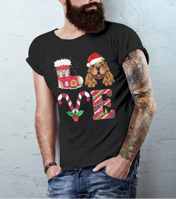 I Love My English Cocker Spaniel Christmas Candy Cane Santa Hat T-Shirt