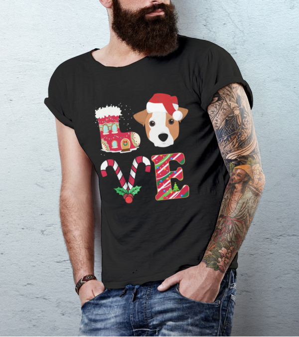 I Love My Jack Russell Terrier Christmas Holiday Santa Hat Candy Cane Gingerbread Boot T-Shirt