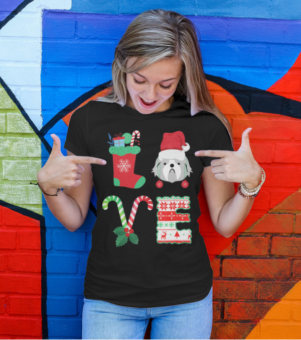 Love Shih Tzu Christmas Dog In Santa Hat With Stocking Candy Canes T-Shirt