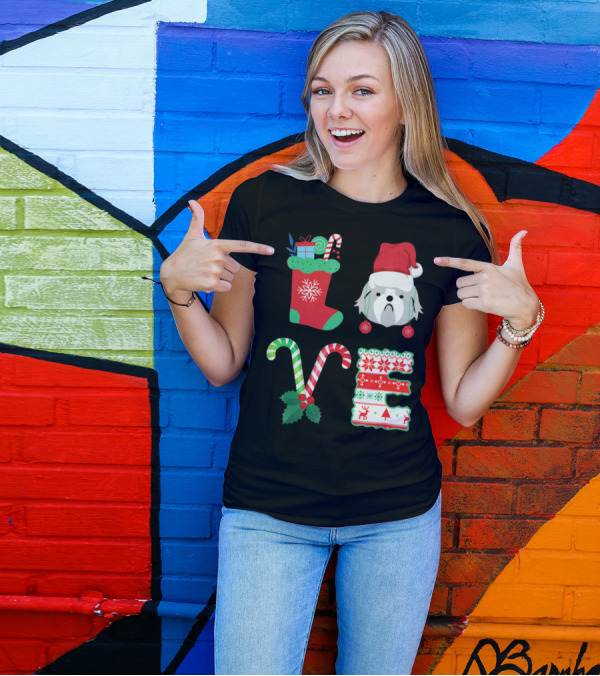 Love Shih Tzu Christmas Dog In Santa Hat With Stocking Candy Canes T-Shirt