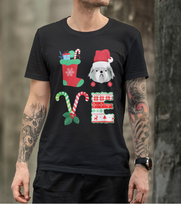 Love Shih Tzu Christmas Dog In Santa Hat With Stocking Candy Canes T-Shirt