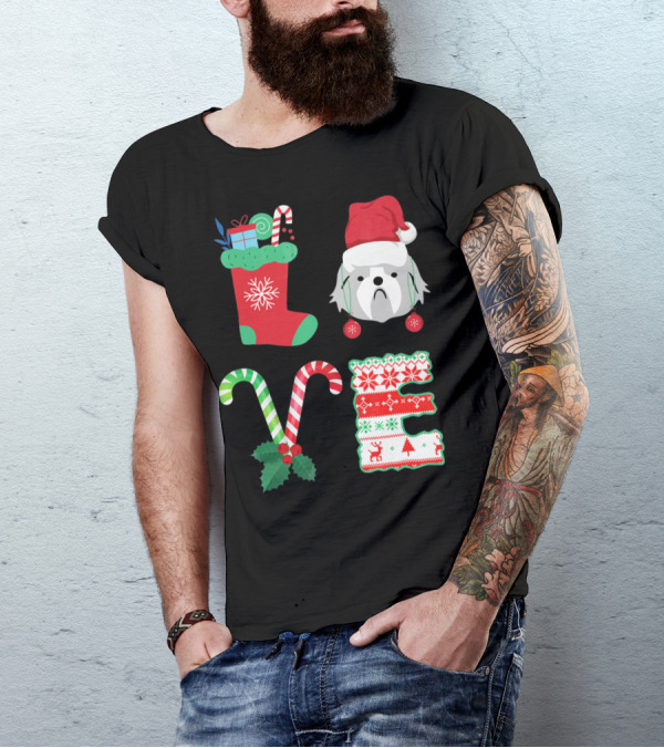 Love Shih Tzu Christmas Dog In Santa Hat With Stocking Candy Canes T-Shirt