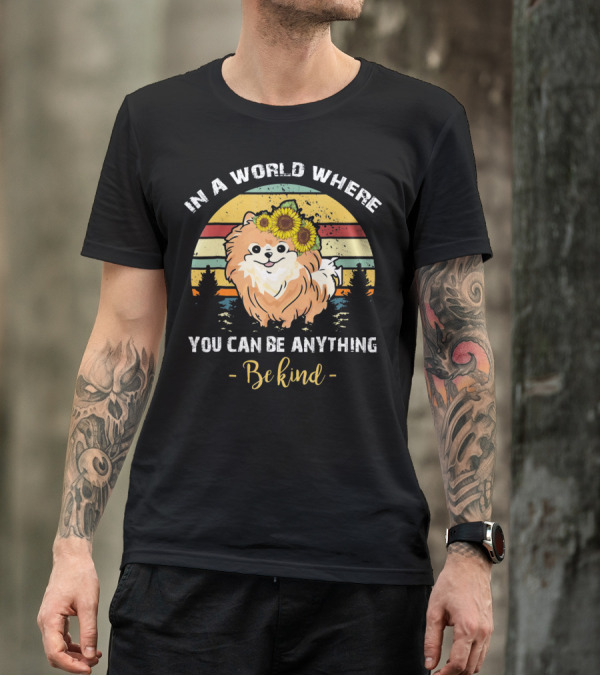 In A World Where You Can Be Anything Be Kind Pomeranian Vintage Retro Sunflowers T-Shirt
