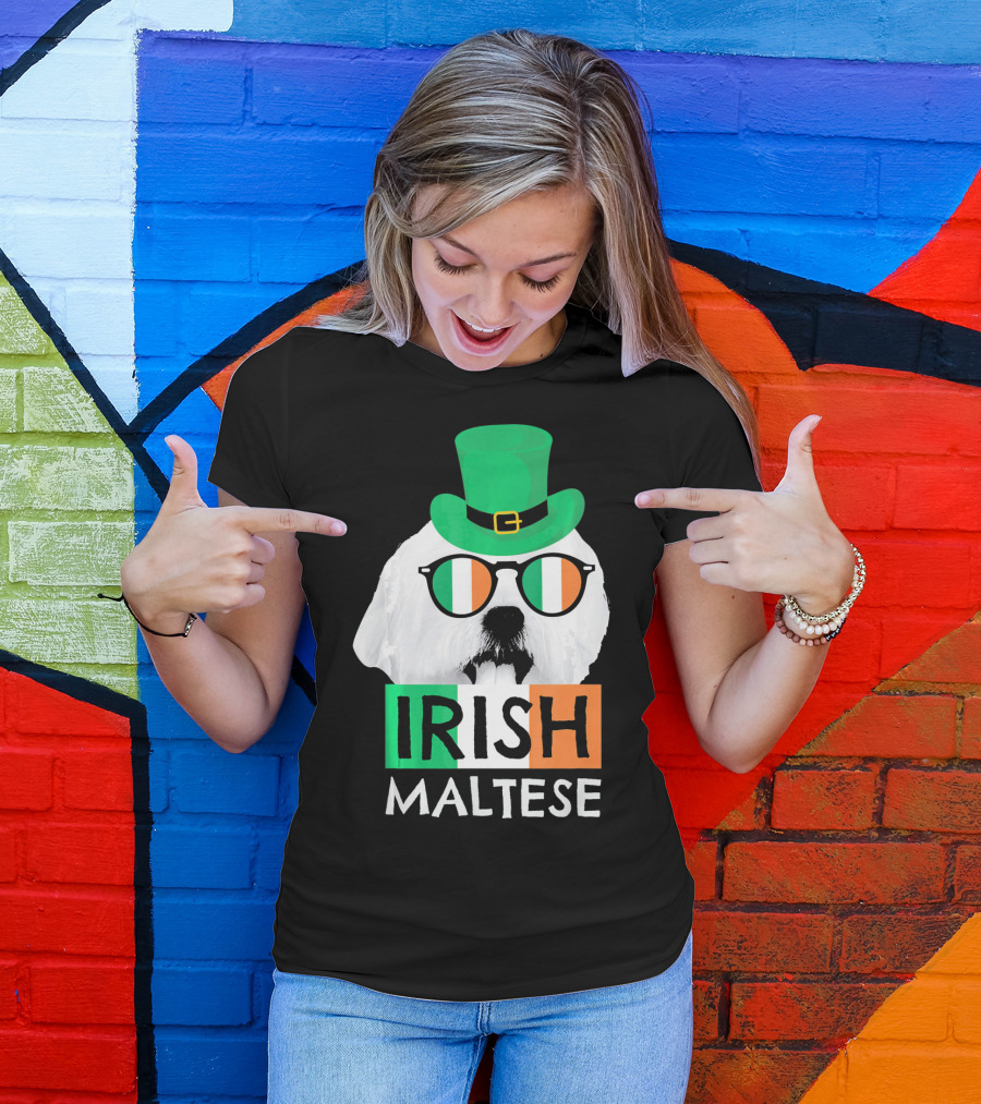 Irish Maltese St Patricks Day Dog Wearing Shamrock Hat And Glasses T-Shirt